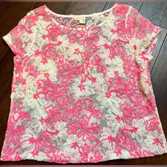Anthropologie - Meadow Rue Floral Ribbon Sheer Blouse. Hot Pink Size Medium - Picture 5 of 7